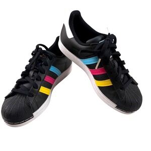 Adidas Superstar J FW5235 Womens Size 6.5 Colourful Stripes‎ Black Sneakers